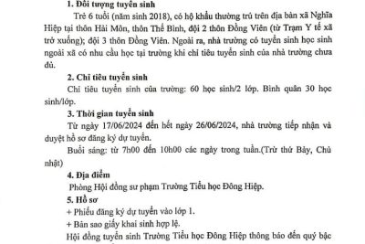 Thông báo! Trường Tiểu học Đông Hiệp tổ chức tuyển sinh vào lớp 1 năm học 2024 – 2025.